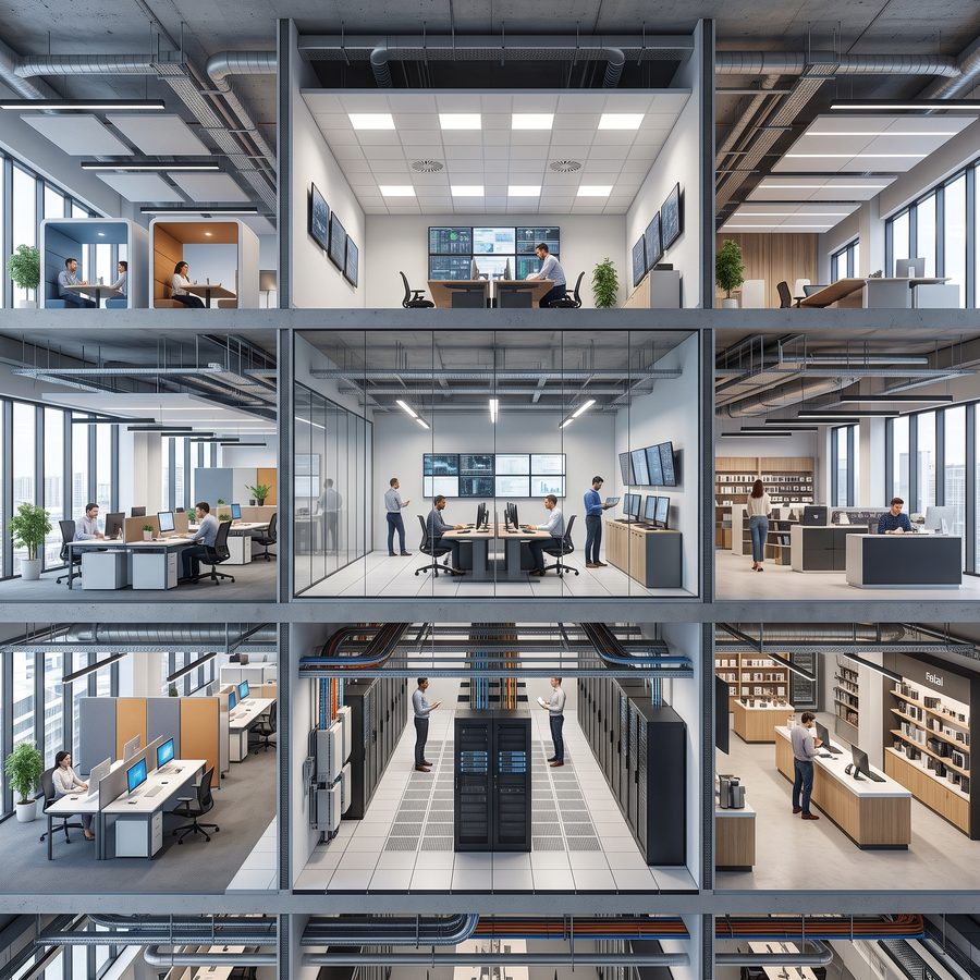 Agencement d'espaces (bureaux, salles techniques, commerces) pensé pour l'usage réel du lieu.