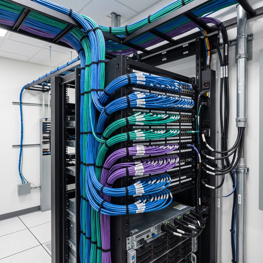 Câblage réseau et électrique structuré, tiré et repéré selon les normes, pour un site facile à maintenir.