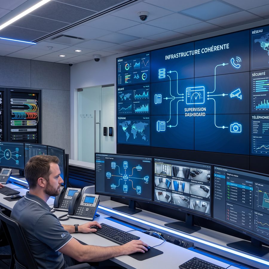 Interconnexion de systèmes hétérogènes (réseau, téléphonie, sécurité) en une infrastructure cohérente et supervisable.