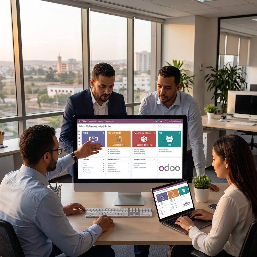Déploiement et paramétrage de l'ERP Odoo : CRM, comptabilité, gestion de stock et RH, réunis dans un seul système.