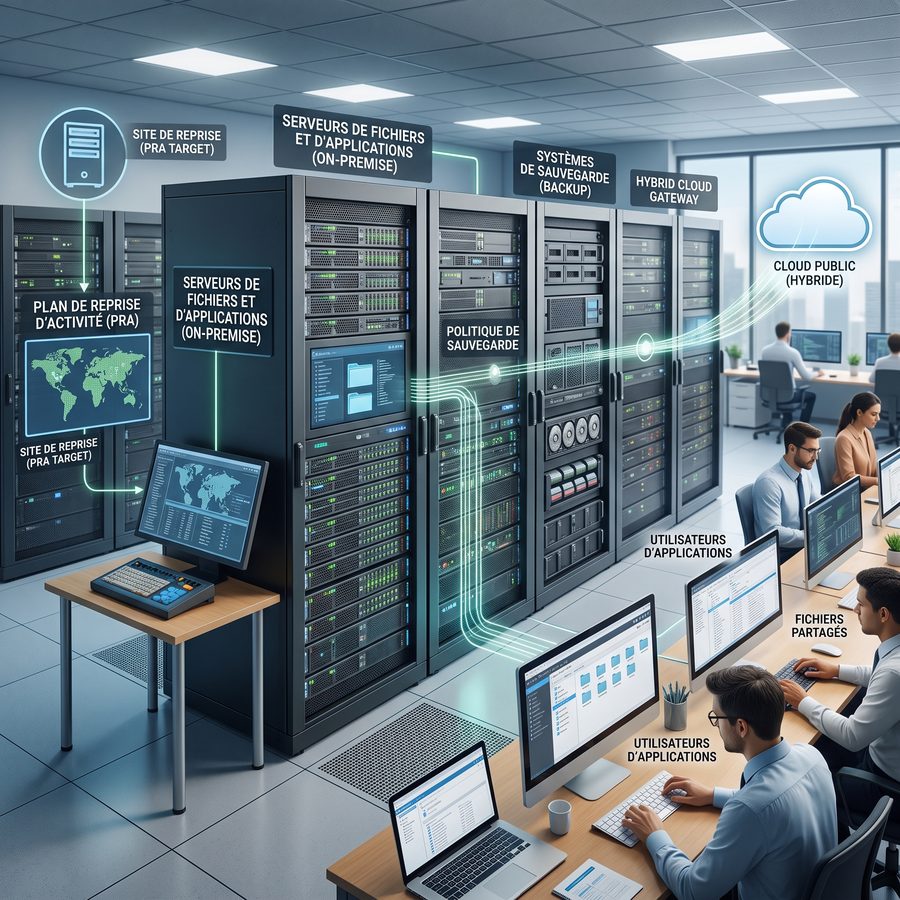 Installation et administration de serveurs de fichiers et d'applications, sur site ou hybrides, avec politiques de sauvegarde et plan de reprise.