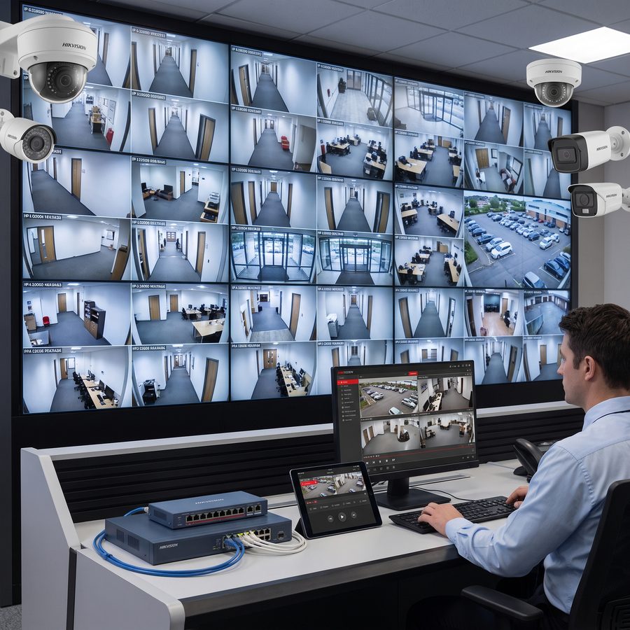 Caméras IP, enregistreurs NVR et switches PoE (Hikvision) pour surveiller vos locaux à distance, en direct ou en relecture.