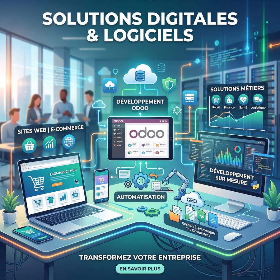 Des outils numériques qui font gagner du temps : sites web, boutiques en ligne, applications métiers sur-mesure, ERP Odoo et automatisation de vos processus.