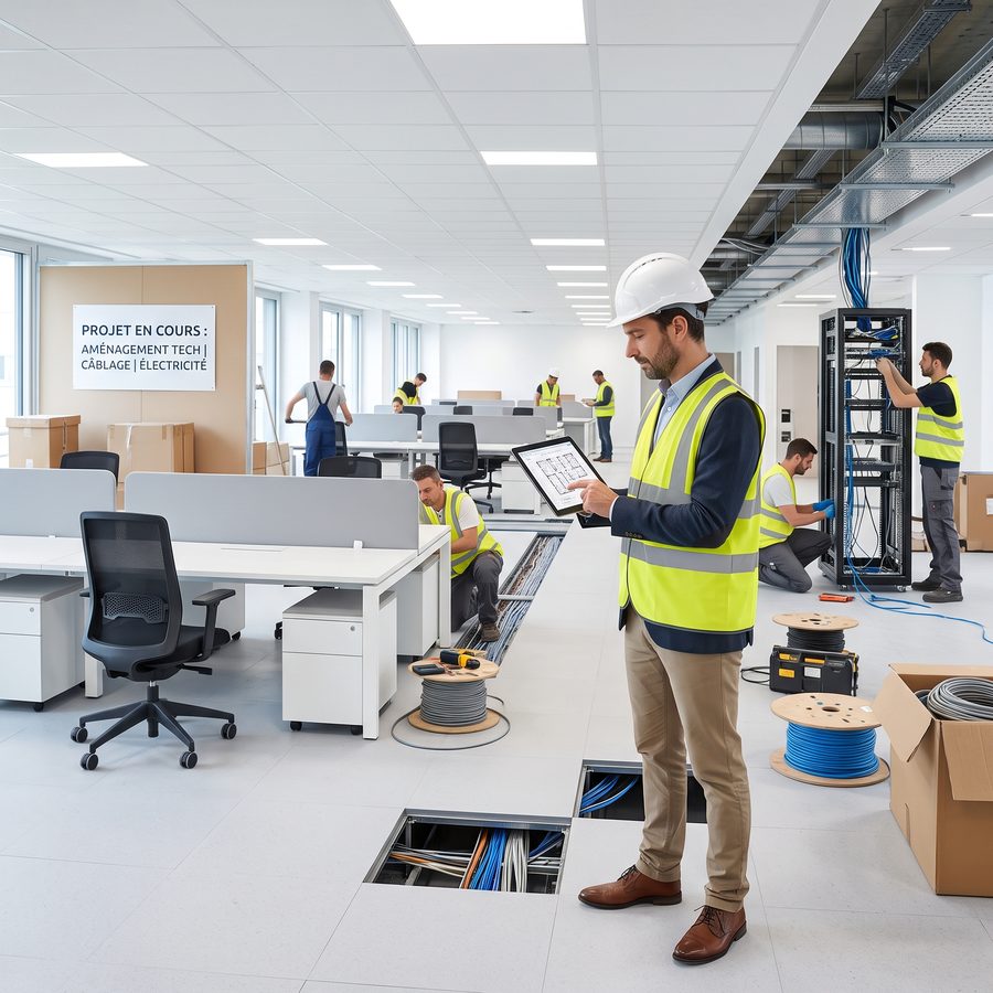 L'installation physique de vos espaces et infrastructures, clé en main : de l'agencement technique jusqu'au câblage complet du site.